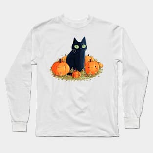 black cat with pumpkins Long Sleeve T-Shirt